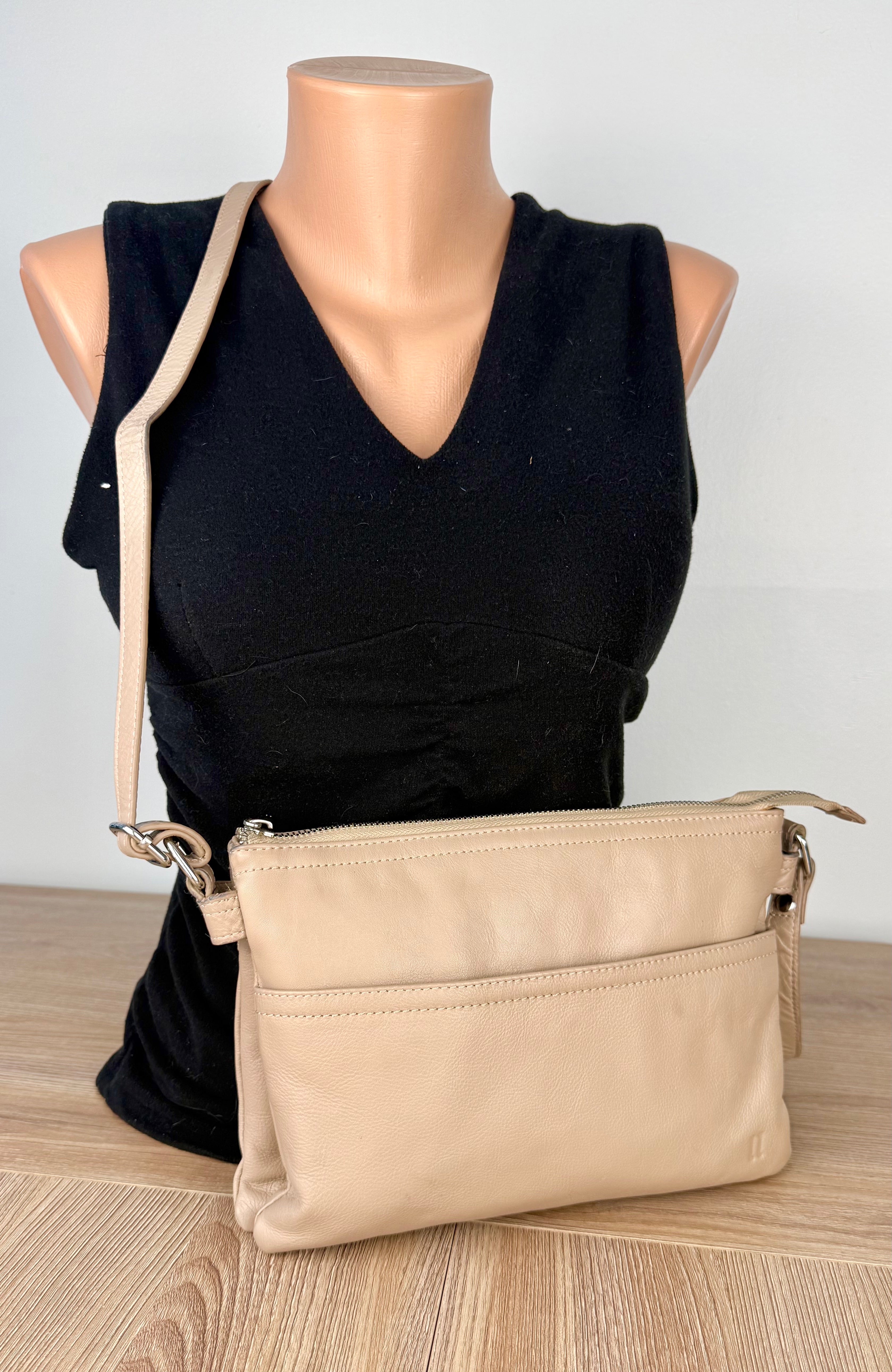 pelle-rfid-leather-crossbody-bag on mannequin to show scale
