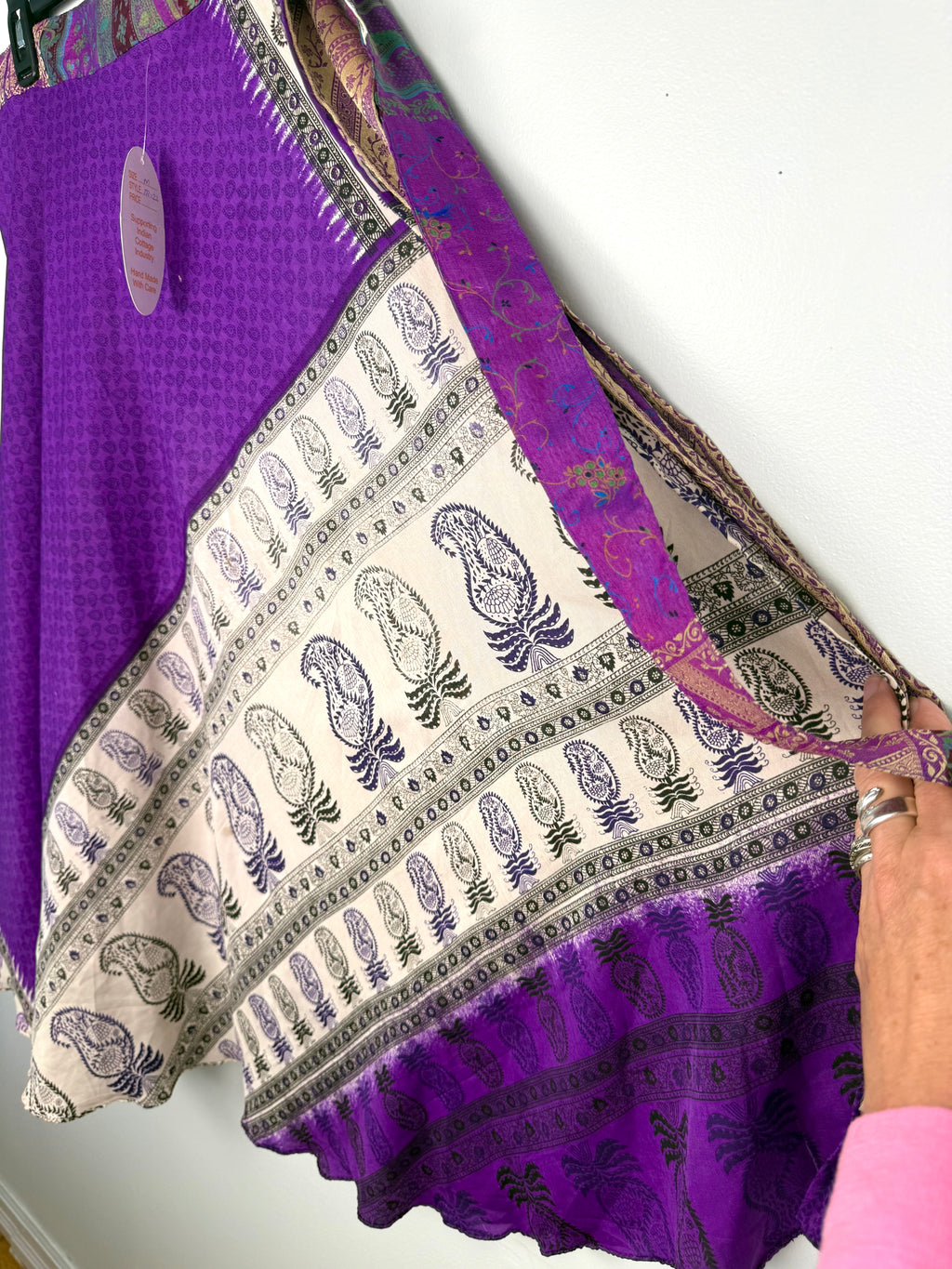 photo showing flow of 100% Silk Wrap Skirt | NWT Reversible Sari Skirt | Handmade in India at Blue Sparrow Shop 