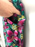 pocket detail on Artisan Handmade Tropical Floral Print Loose-Leg Pants — Hibiscus & Palm | Size M / 8-10 at Blue Sparrow Shop 
