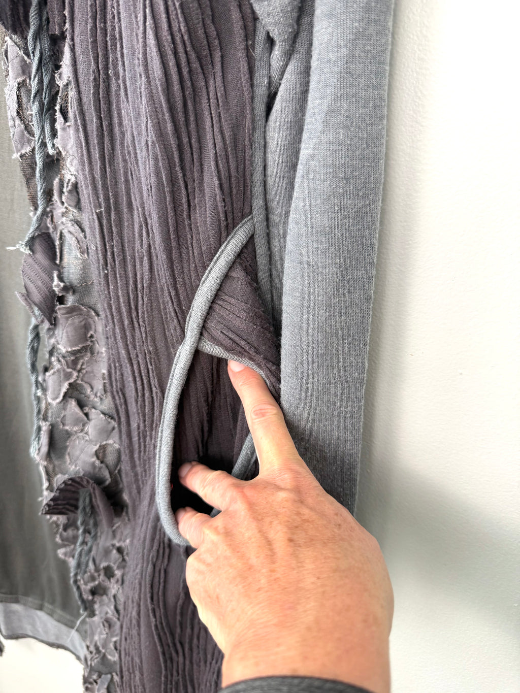 pocket detail on Hypnose Grey Mixed-Media Layered Cardigan | Size S/M