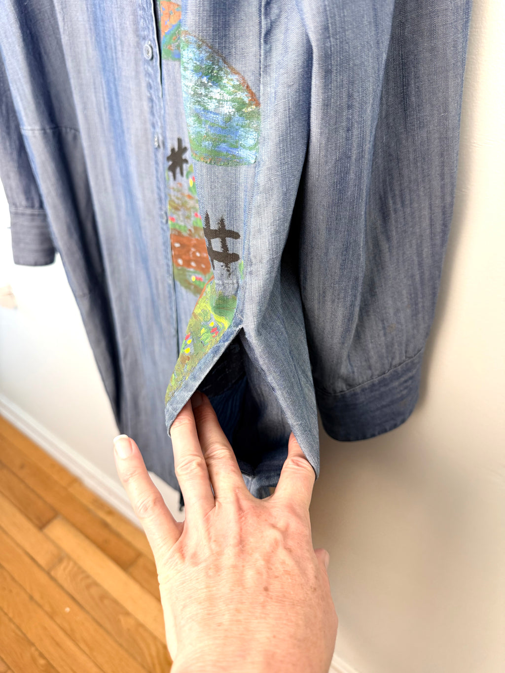 pocket detail on NWOT 100% Tencel Tilley Handpainted Denim Jacket | Size 2X
