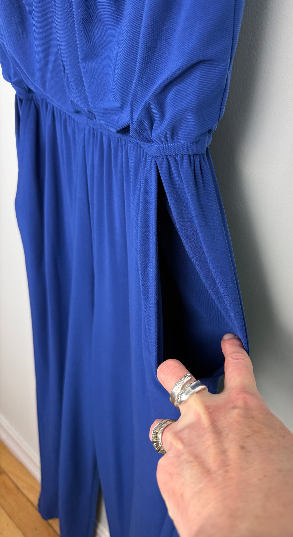pocket on Emma & Michele cobalt blue sleeveless draped pleated bodice jumpsuit at Blue Sparrow Shop