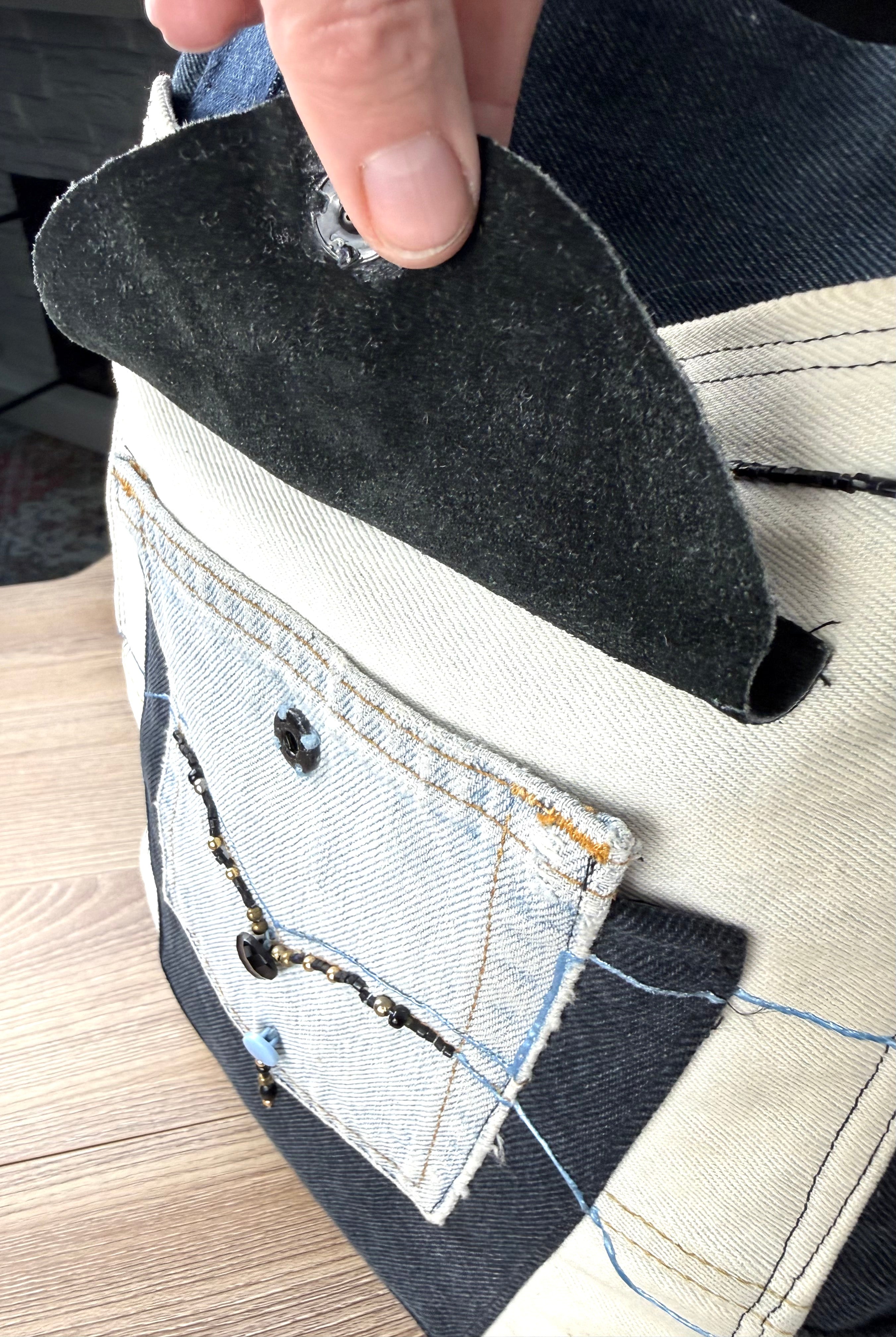 functioning pockets on Handmade Upcycled Denim Patchwork Tote Bag 
