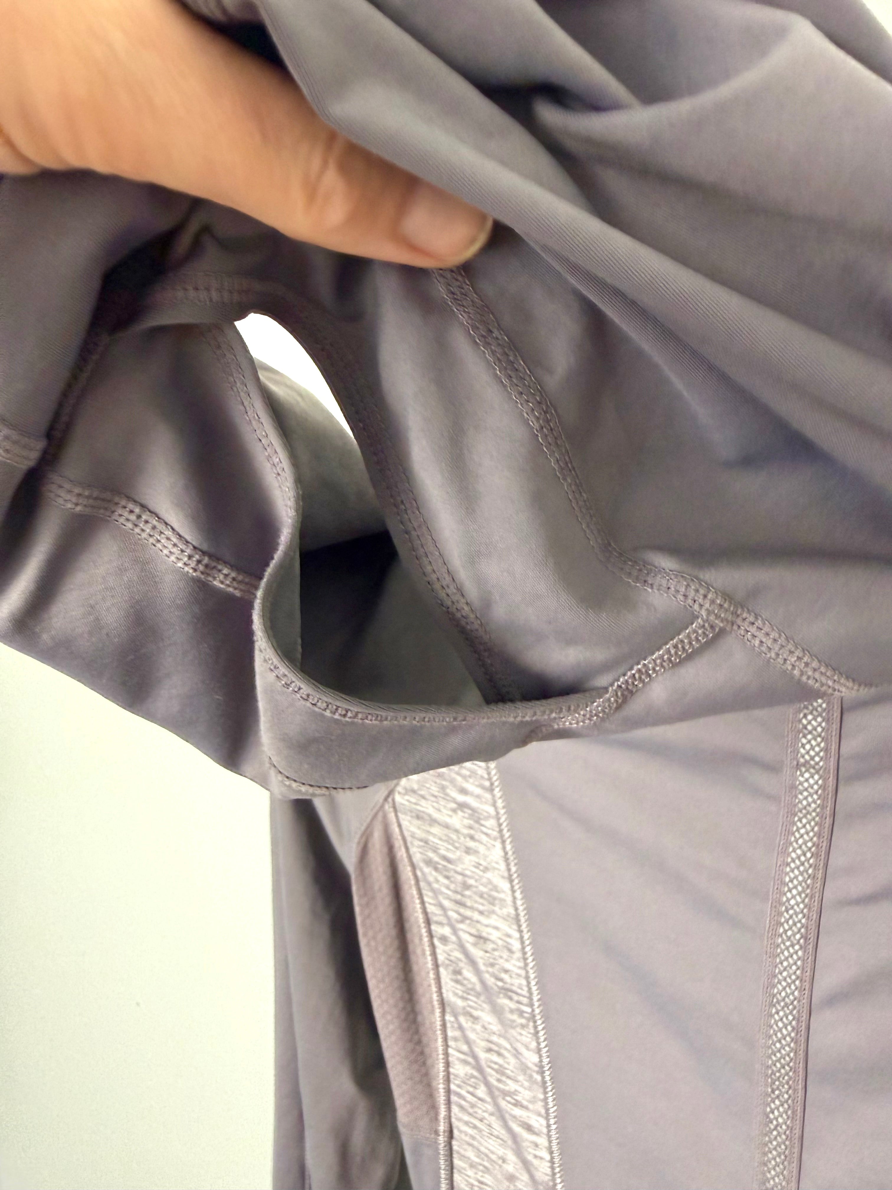 ponytail hood on Lululemon grey  zip-up cowl hoodie running jacket back view size 6 thumbhole athletic jacket — Blue Sparrow pre-loved activewear