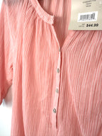 price tag showing 44.99 on NWT Denver Hayes 100% Cotton Pink Stripe Peasant Blouse — Gathered Neck | 3/4 Sleeve | Size S at Blue Sparrow Shop