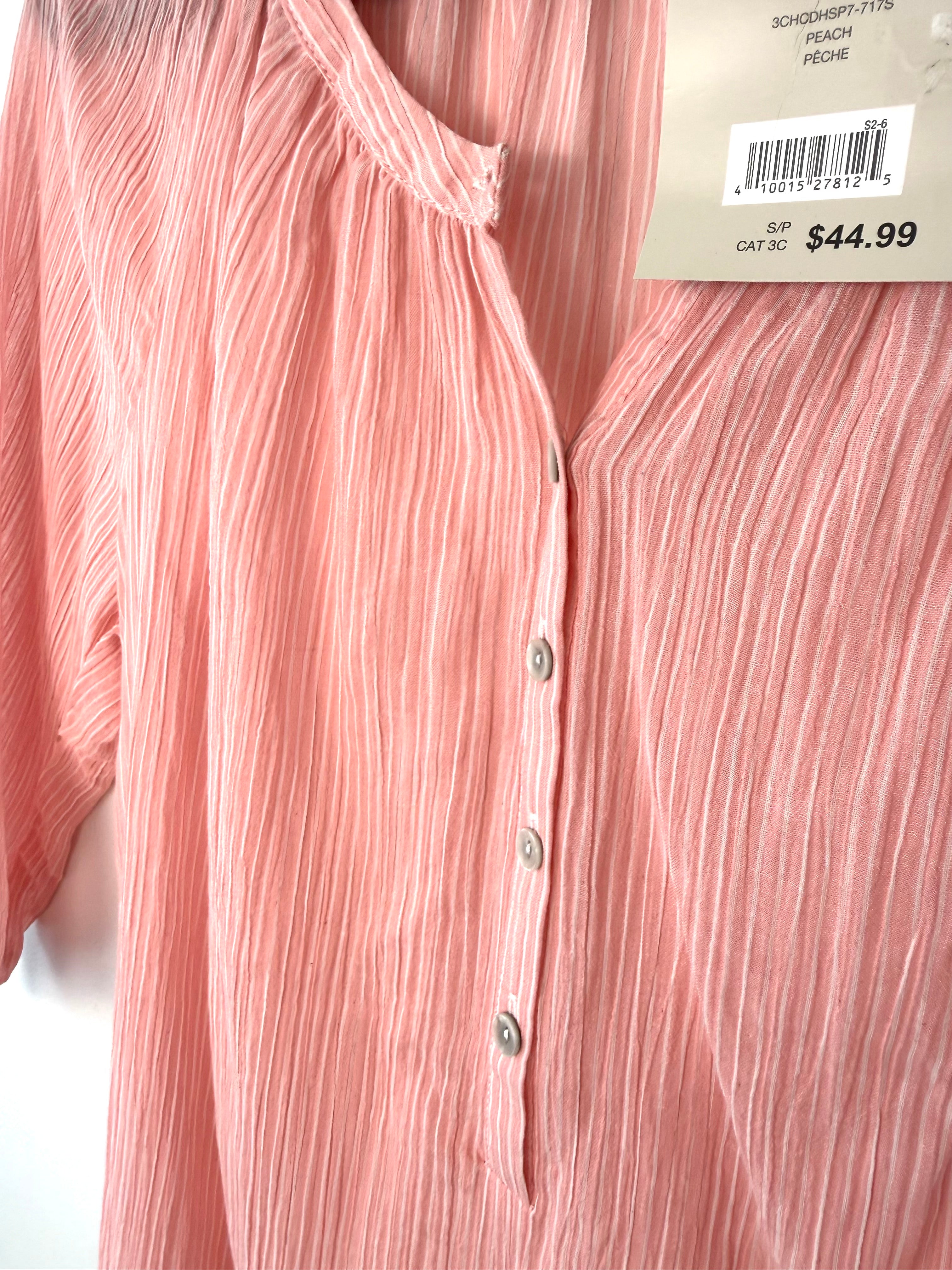 price tag showing 44.99 on NWT Denver Hayes 100% Cotton Pink Stripe Peasant Blouse — Gathered Neck | 3/4 Sleeve | Size S at Blue Sparrow Shop