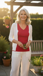 coloured Bamboo Tank top by C'est Moi at Blue Sparrow Shop  on woman  dressed in red and white standing outside on a patio 
