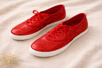 red sequinned sneakers on a cloth at Blue Sparrow Shop - size 9