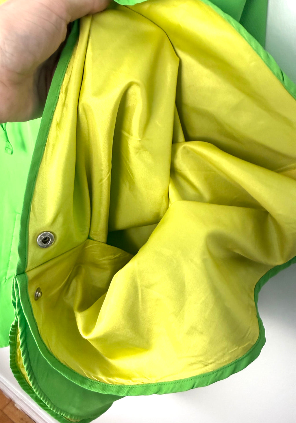 retro Y2K style rain jacket with colorful polka dot lining cuff detail - buttons to make a sleeve