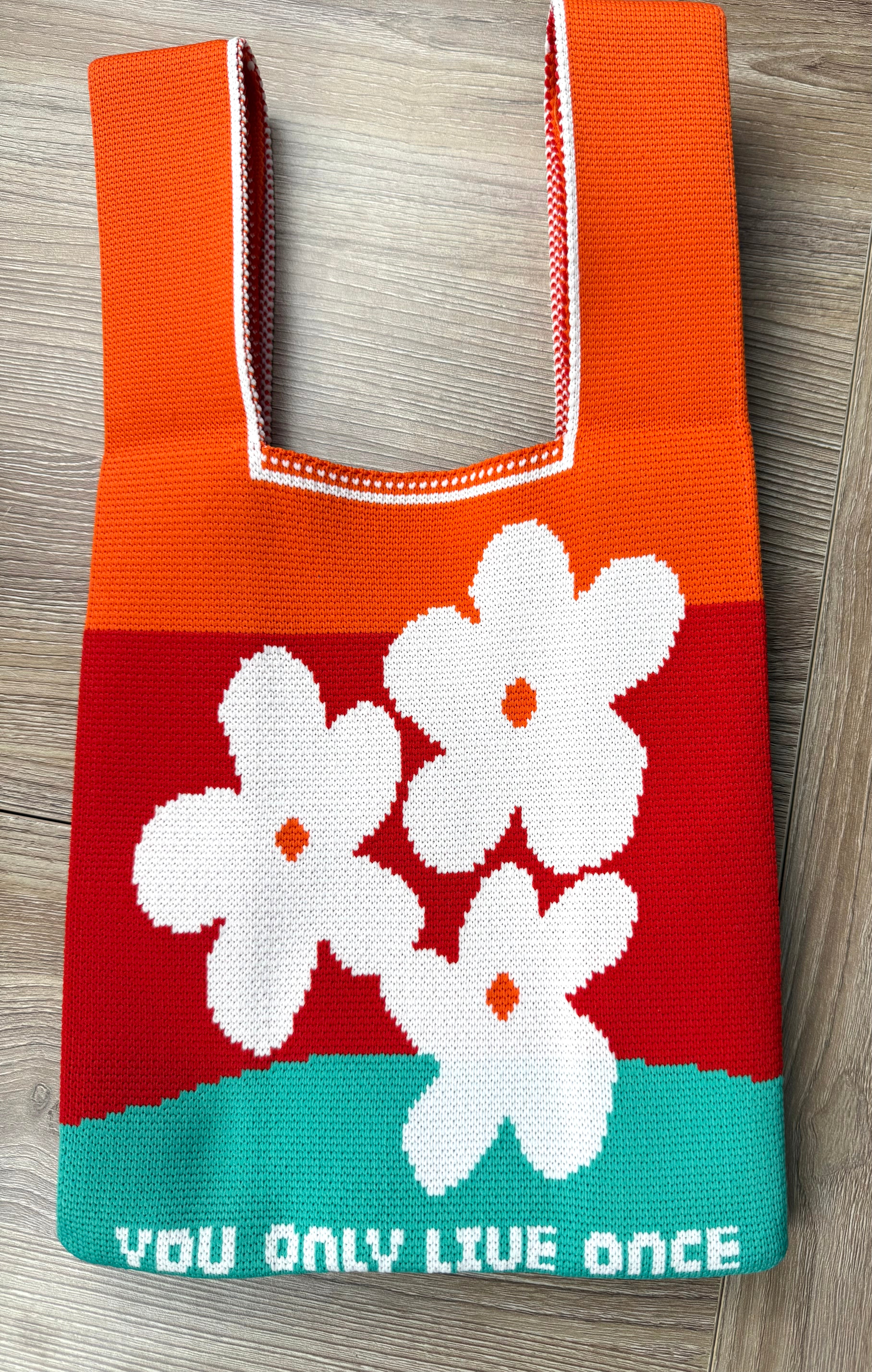 reusable knit market tote bag YOLO