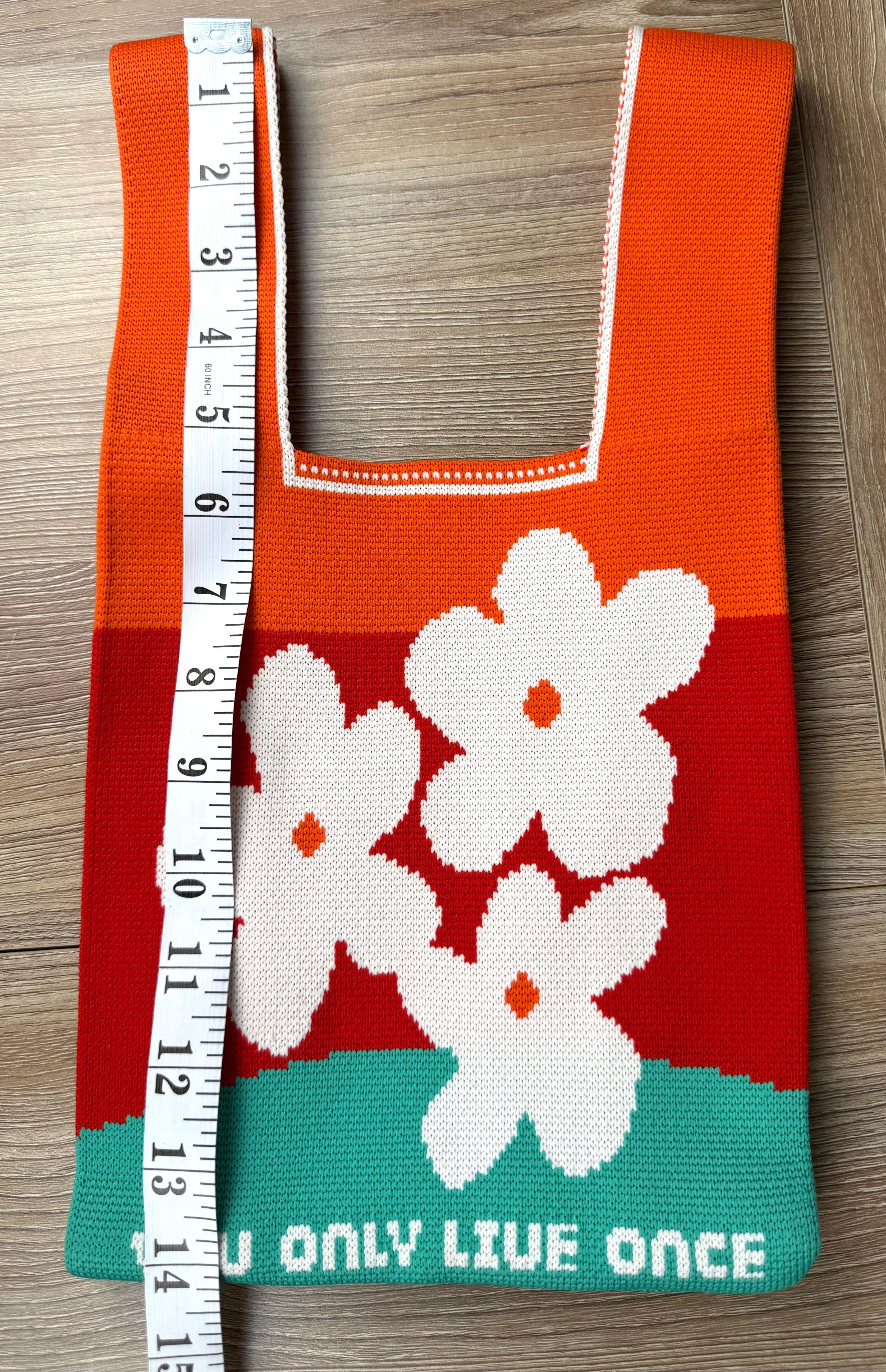 reusable knit market tote bag measuring14" high YOLO 