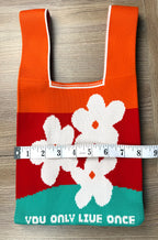reusable knit market tote bag measuring 8" wide YOLO 