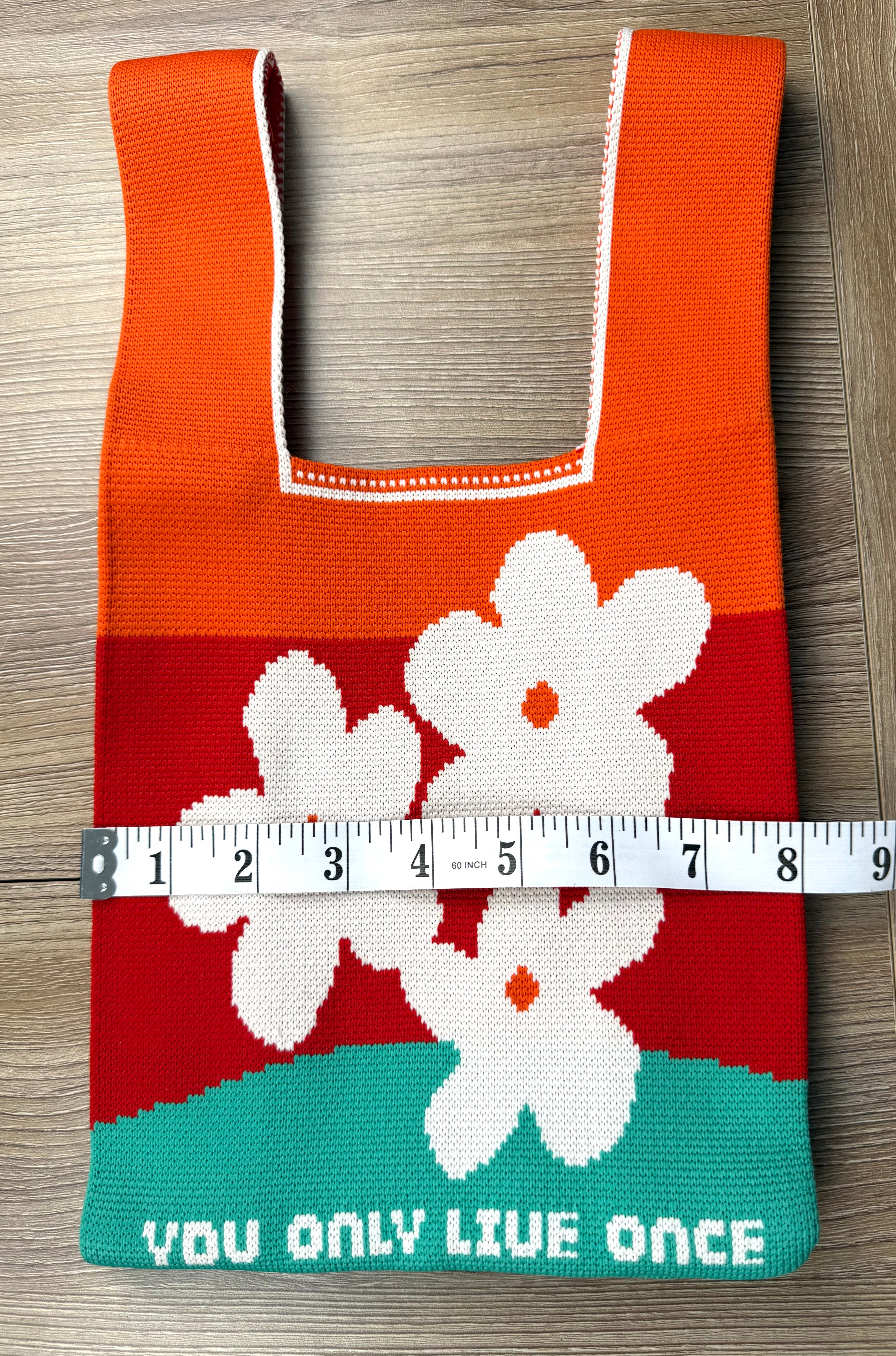 reusable knit market tote bag measuring 8" wide YOLO 