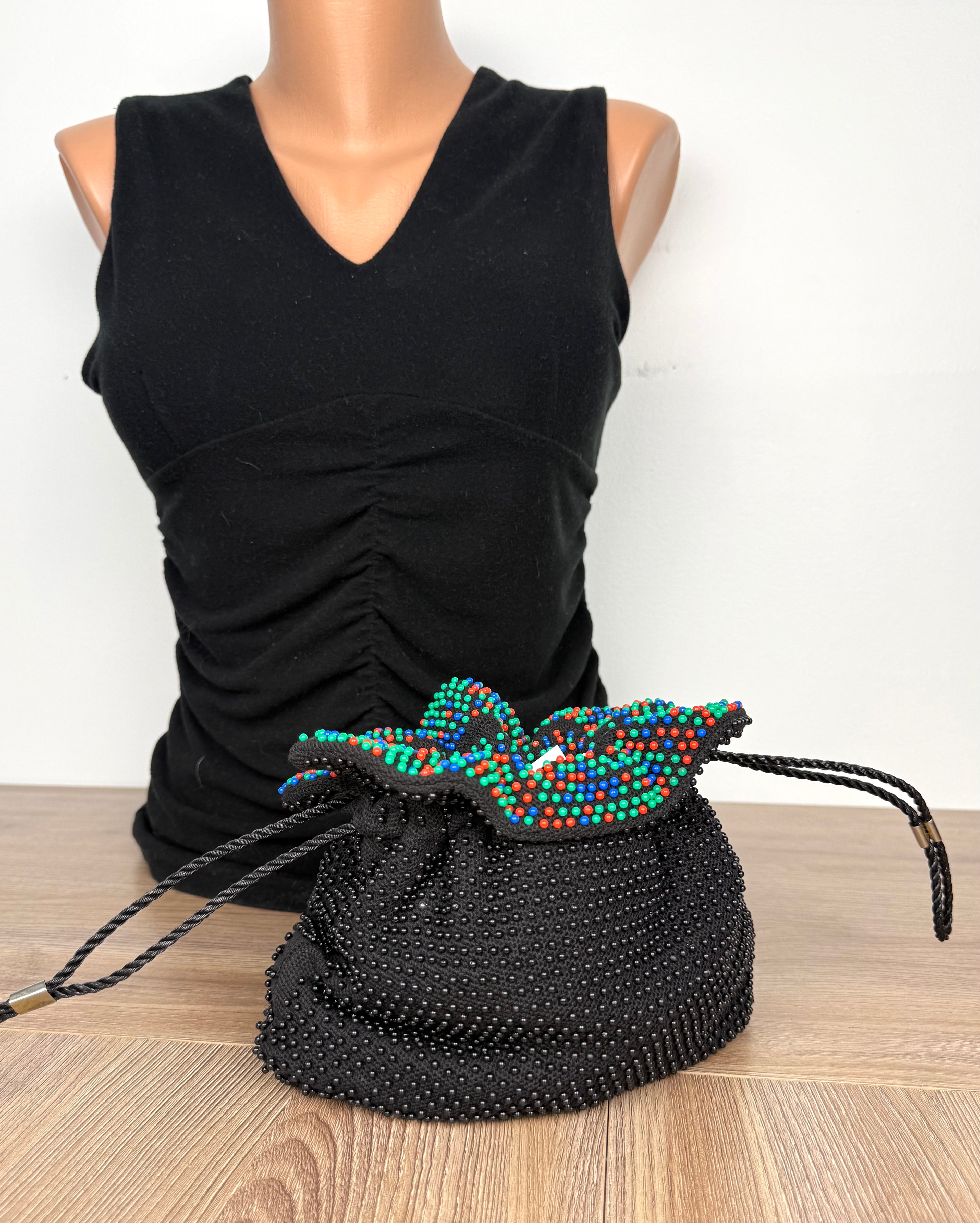 reverse side of Vintage Reversible Beaded Drawstring Pouch Bag 