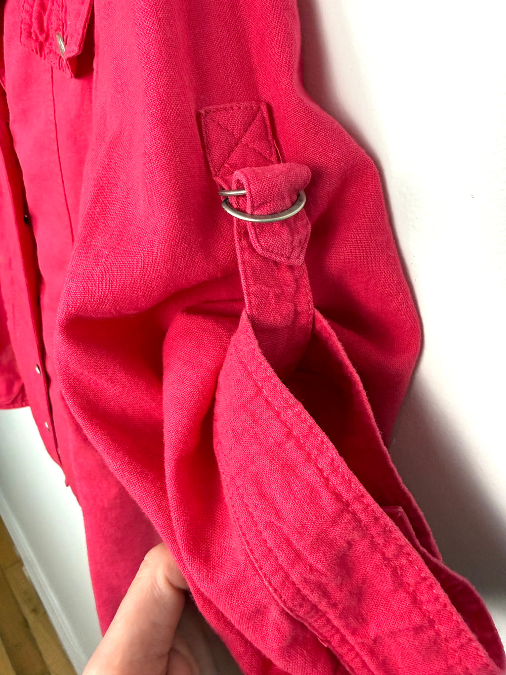 rolled sleeve detail on Conrad C Collection fuchsia linen blend utility jacket women size 18 button front lightweight blazer