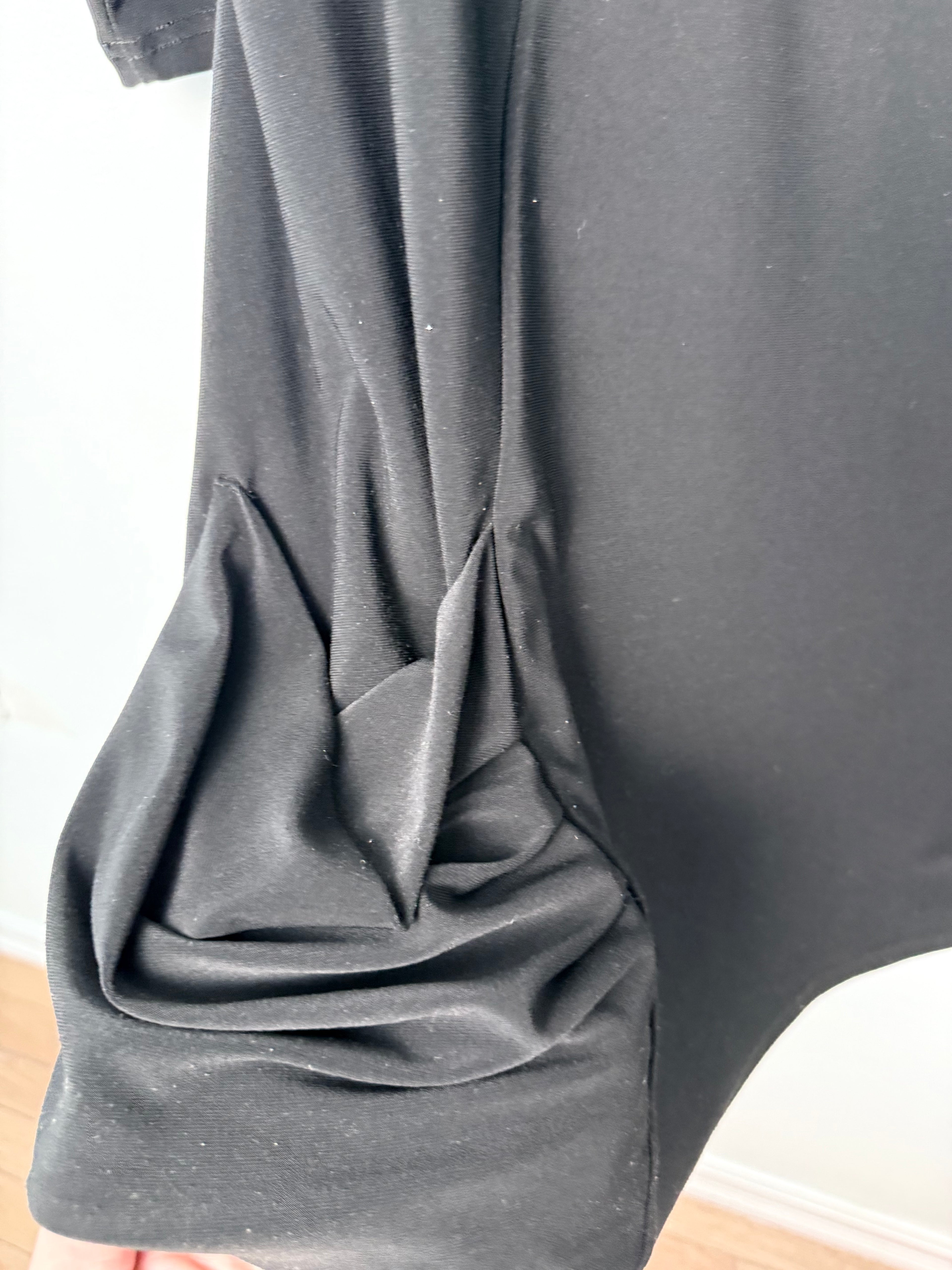 ruched pocket on side of Sympli cold shoulder cowl neck top 
