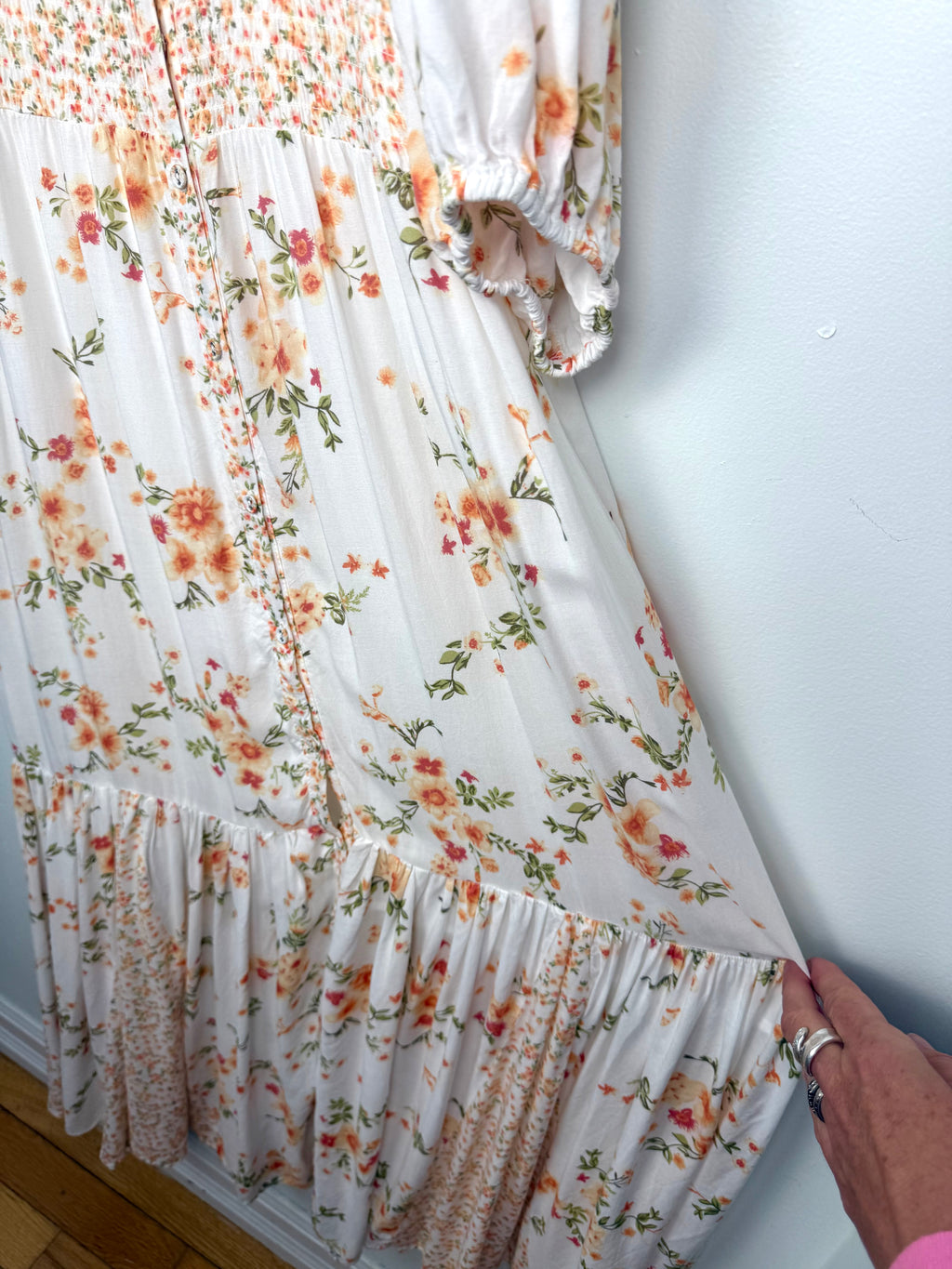 ruffled floral hem detail on Dex Smocked Waist Romantic Midi Dress | Size L at Blue Sparrow Shop