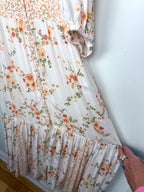 ruffled floral hem detail on Dex Smocked Waist Romantic Midi Dress | Size L at Blue Sparrow Shop