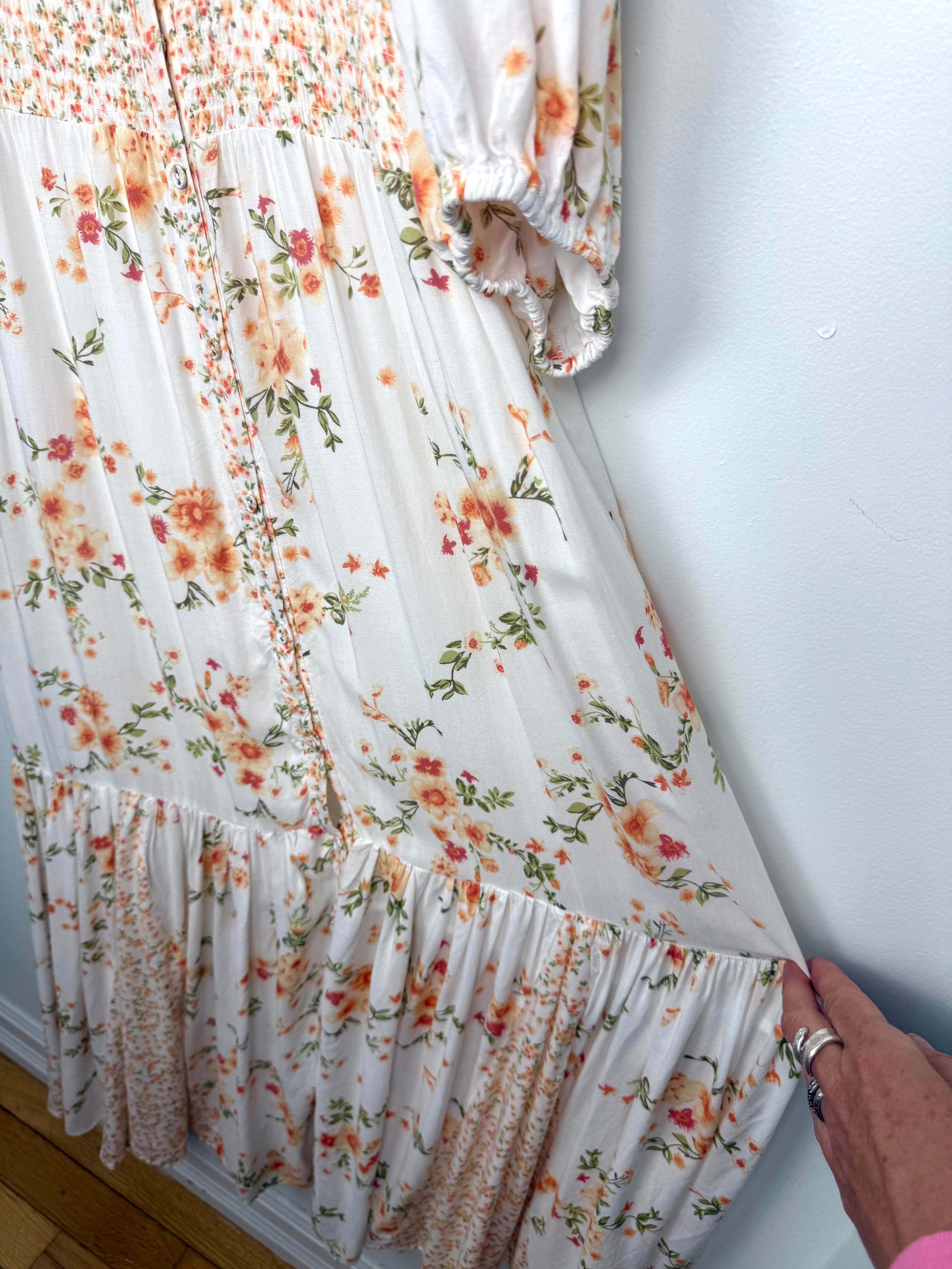 ruffled floral hem detail on Dex Smocked Waist Romantic Midi Dress | Size L at Blue Sparrow Shop