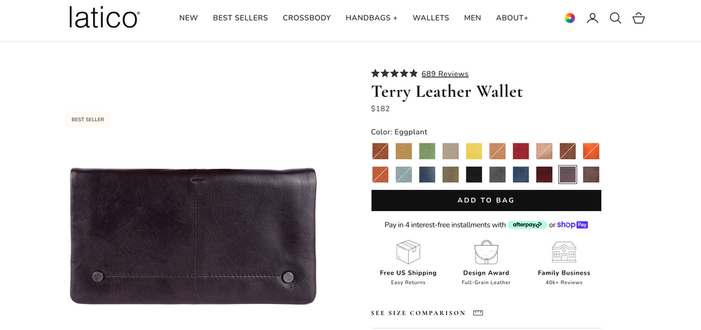 screenshot from Latico leathers website showing current price of back holding strap on Latico Leathers best selling Terry Leather Wallet 