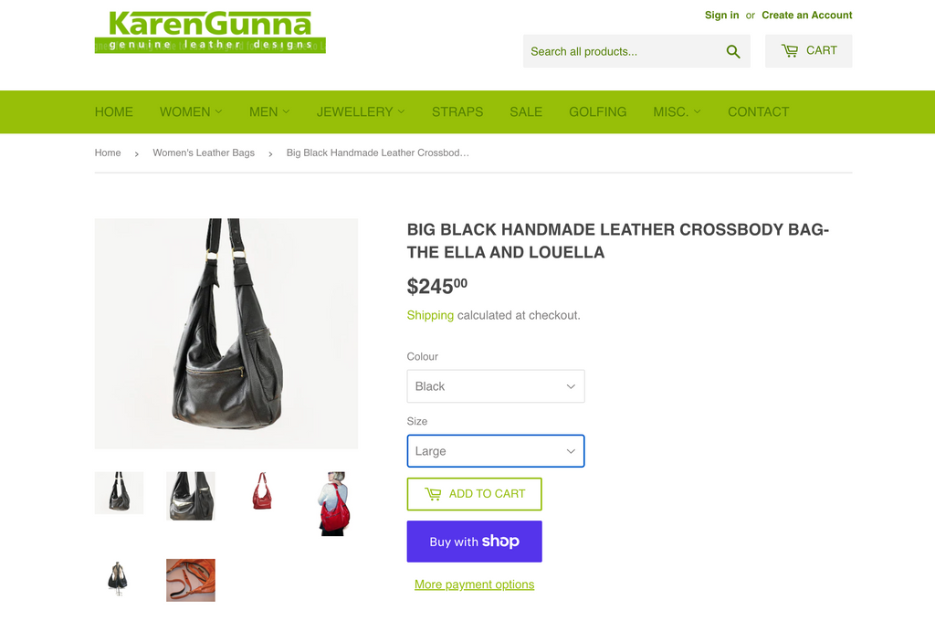 screenshot of Karen Gunn Handmade Leather Crossbody Bag-The Ella and Louella new online