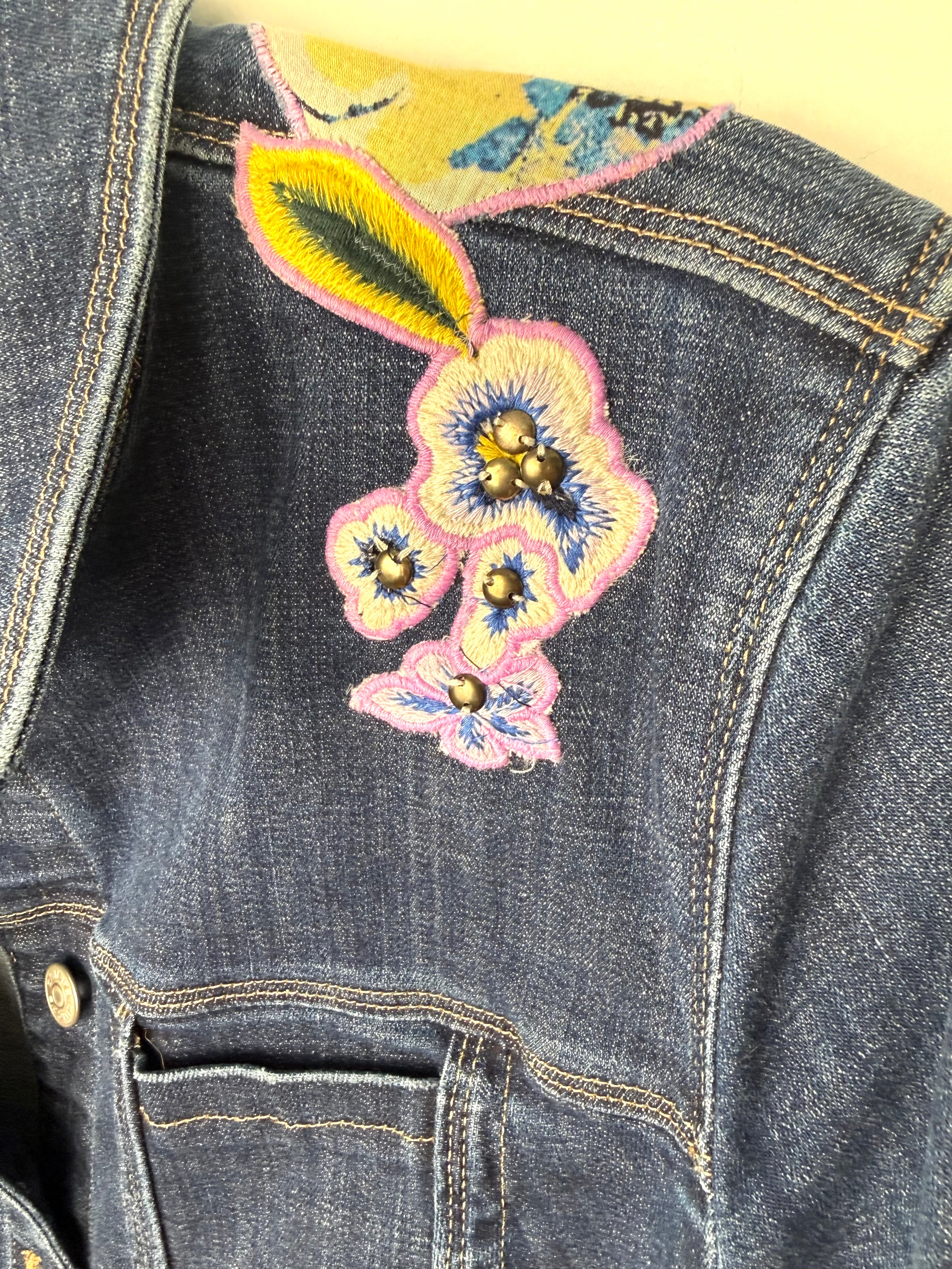 shoulder detail on Chicos embroidered denim jacket 