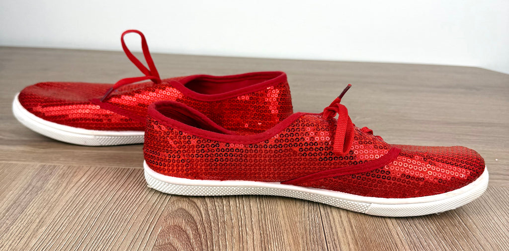 side of Red Sequin Lace-Up Sneakers