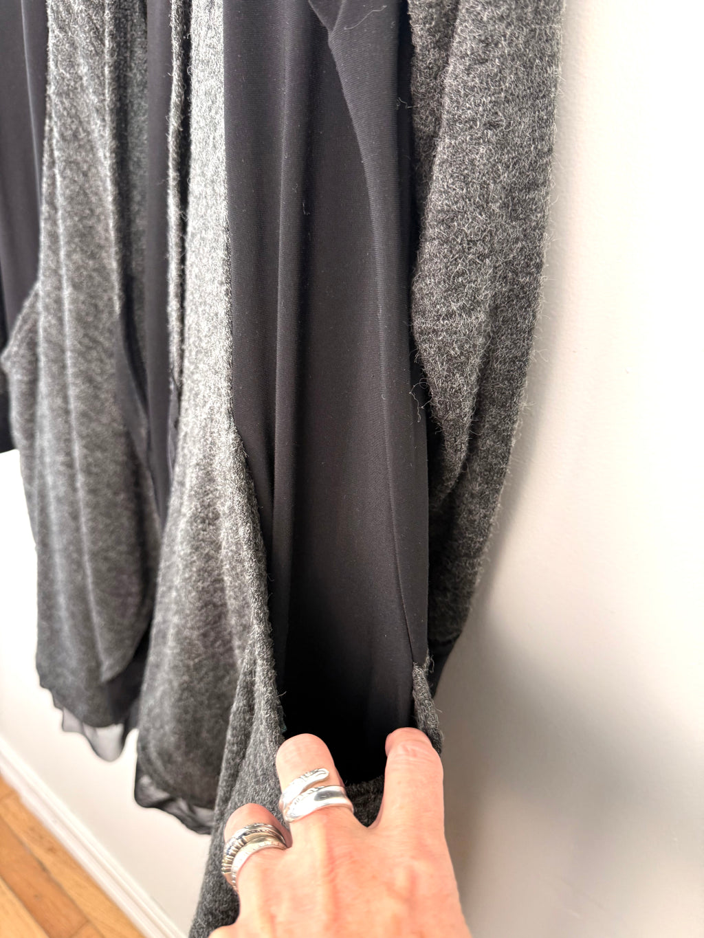 side pocket/hem on Sympli Made in Canada Black & Grey Mixed Media Long Cardigan | Size 10
