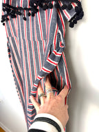 side pocket on Made in Italy Cotton Linen Stripe Wide-Leg Jumpsuit — Denim Blue, Red & White | Pom-Pom Trim | Size M at Blue Sparrow Shop 