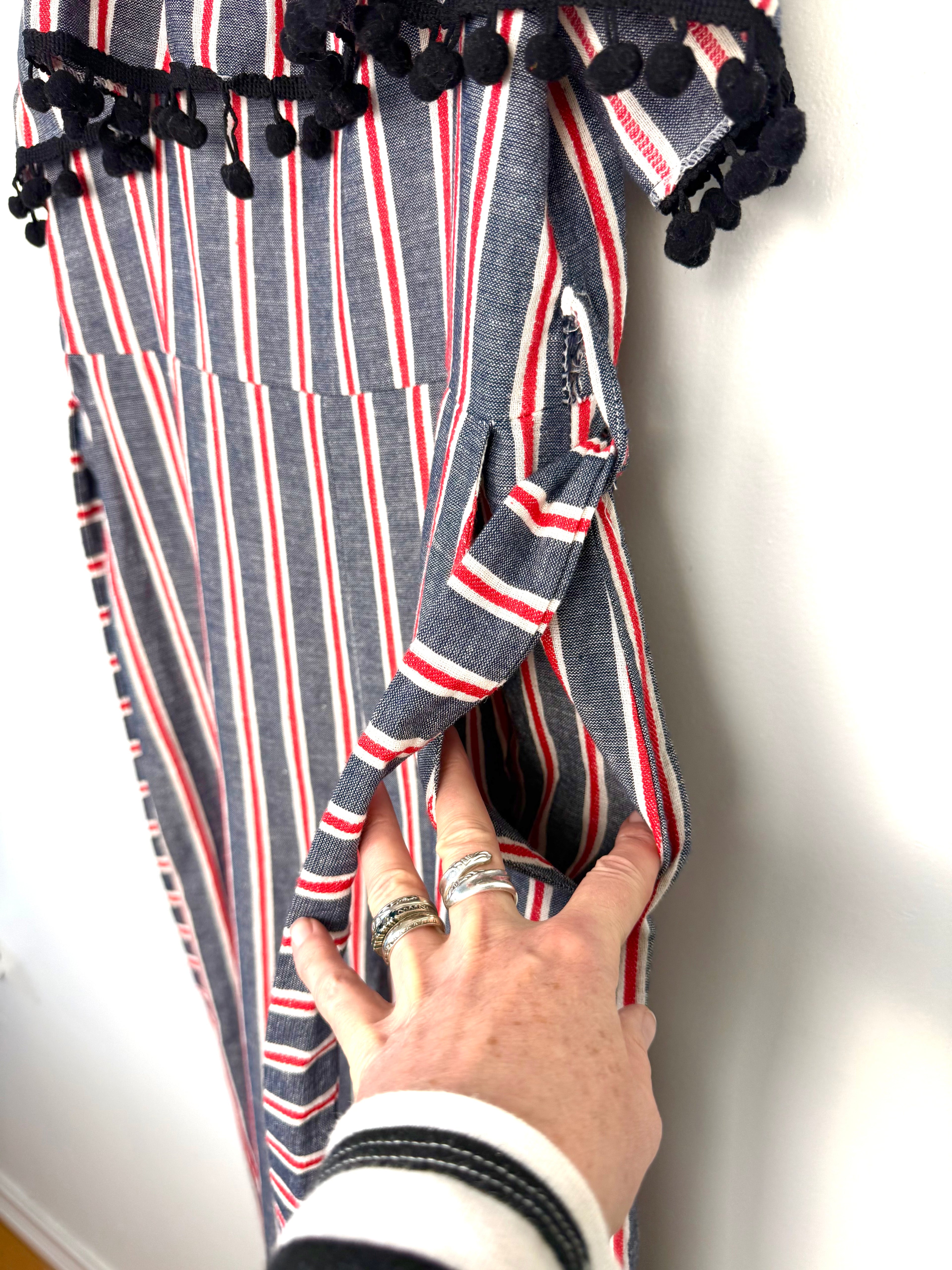 side pocket on Made in Italy Cotton Linen Stripe Wide-Leg Jumpsuit — Denim Blue, Red & White | Pom-Pom Trim | Size M at Blue Sparrow Shop 