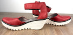 side view of Fly London Red Leather Platform Wedge Sandals