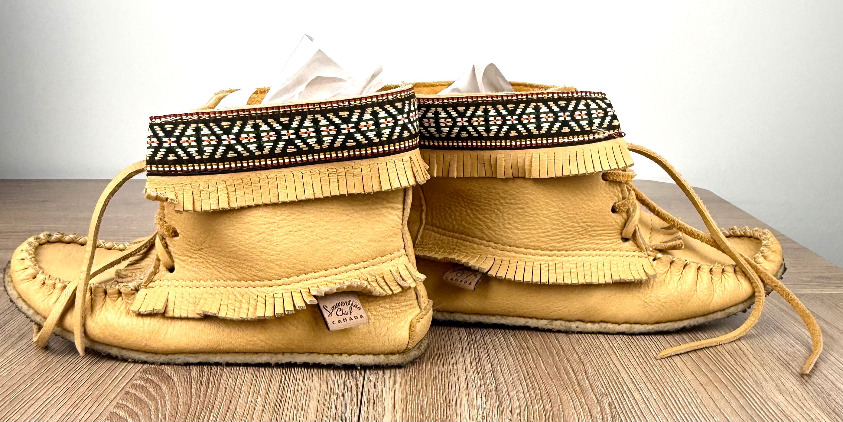 side view of Laurentian Chief Leather Moccasins Made in Canada Leather Moccasins 