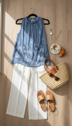 Oasis Collection Silk Blend Embroidered Top | Size M in a flatlay ith purse, jewelry, sandals at Blue Sparrow shop