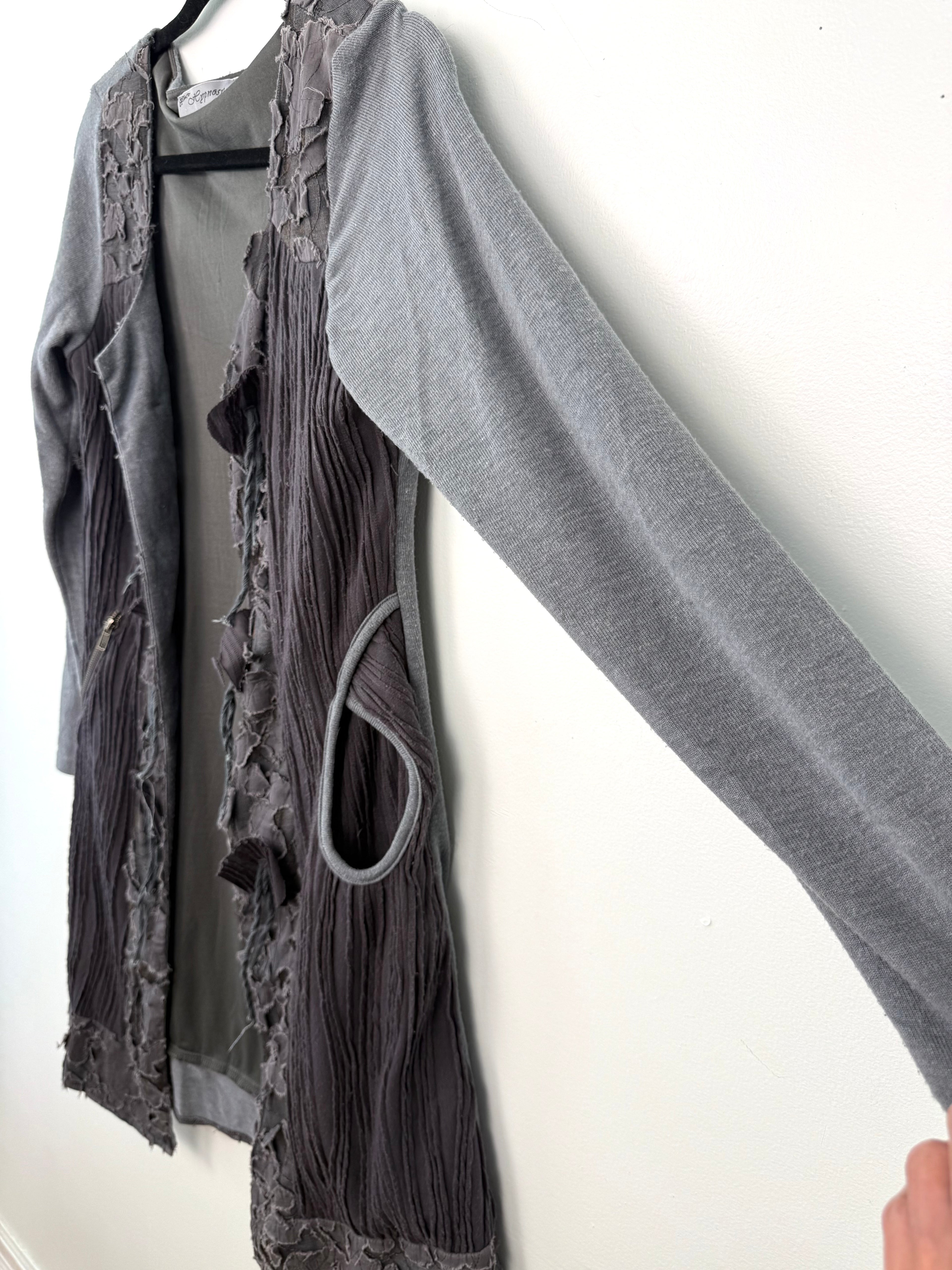 sleeve and flow of Hypnose Grey Mixed-Media Layered Cardigan | Size S/M