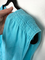 sleeve/collar detail on Banana Republic 100% Linen Smocked Waist V-Neck Blouse Aqua Coloured | Size L at Blue Sparrow Shop Canadian Resale Reimagined 
