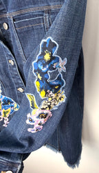 sleeve decal detail on Chicos embroidered denim jacket 