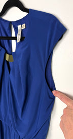 sleeve detail Emma & Michele cobalt blue sleeveless draped pleated bodice jumpsuit at Blue Sparrow Shop