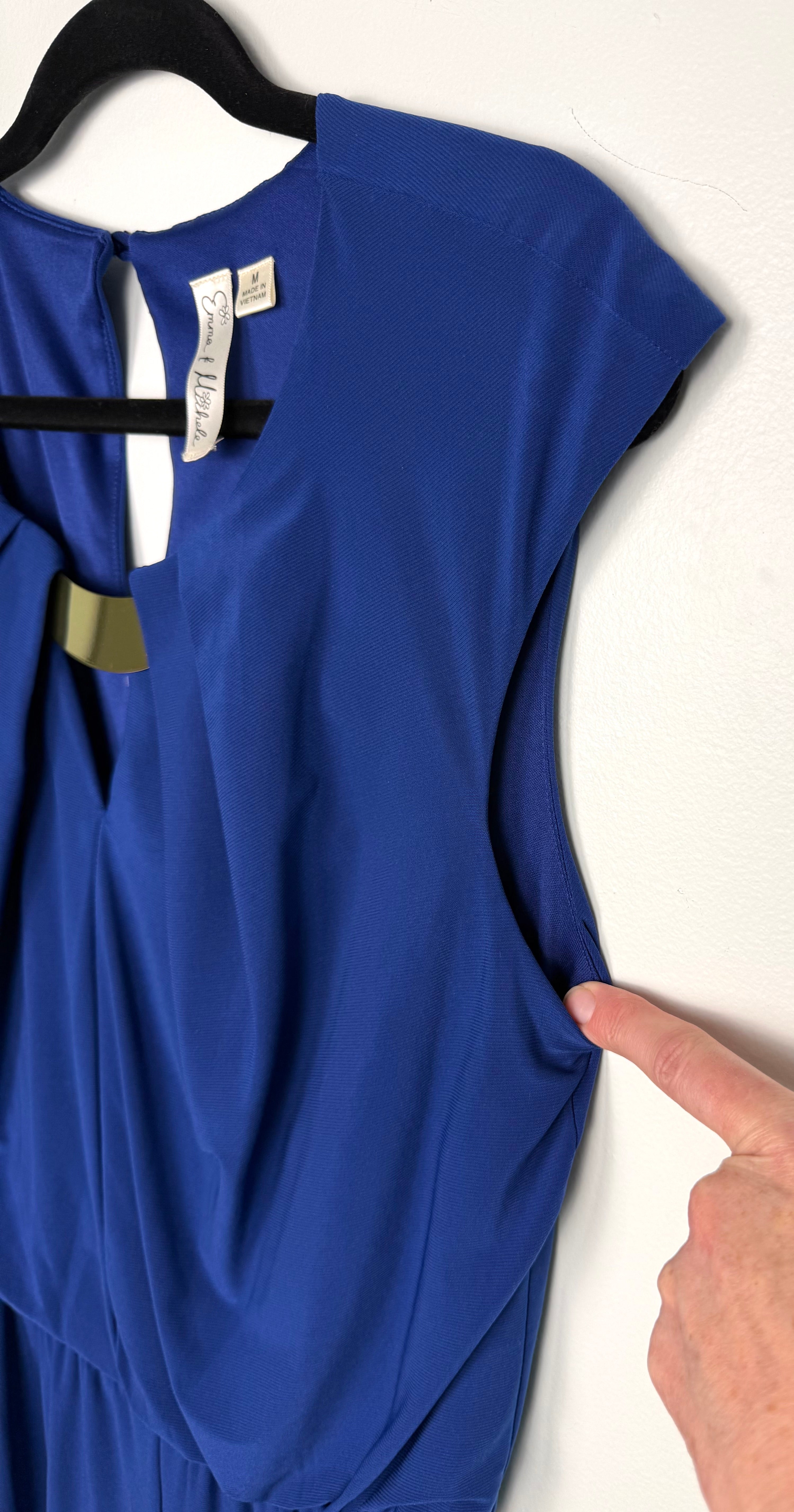 sleeve detail Emma & Michele cobalt blue sleeveless draped pleated bodice jumpsuit at Blue Sparrow Shop