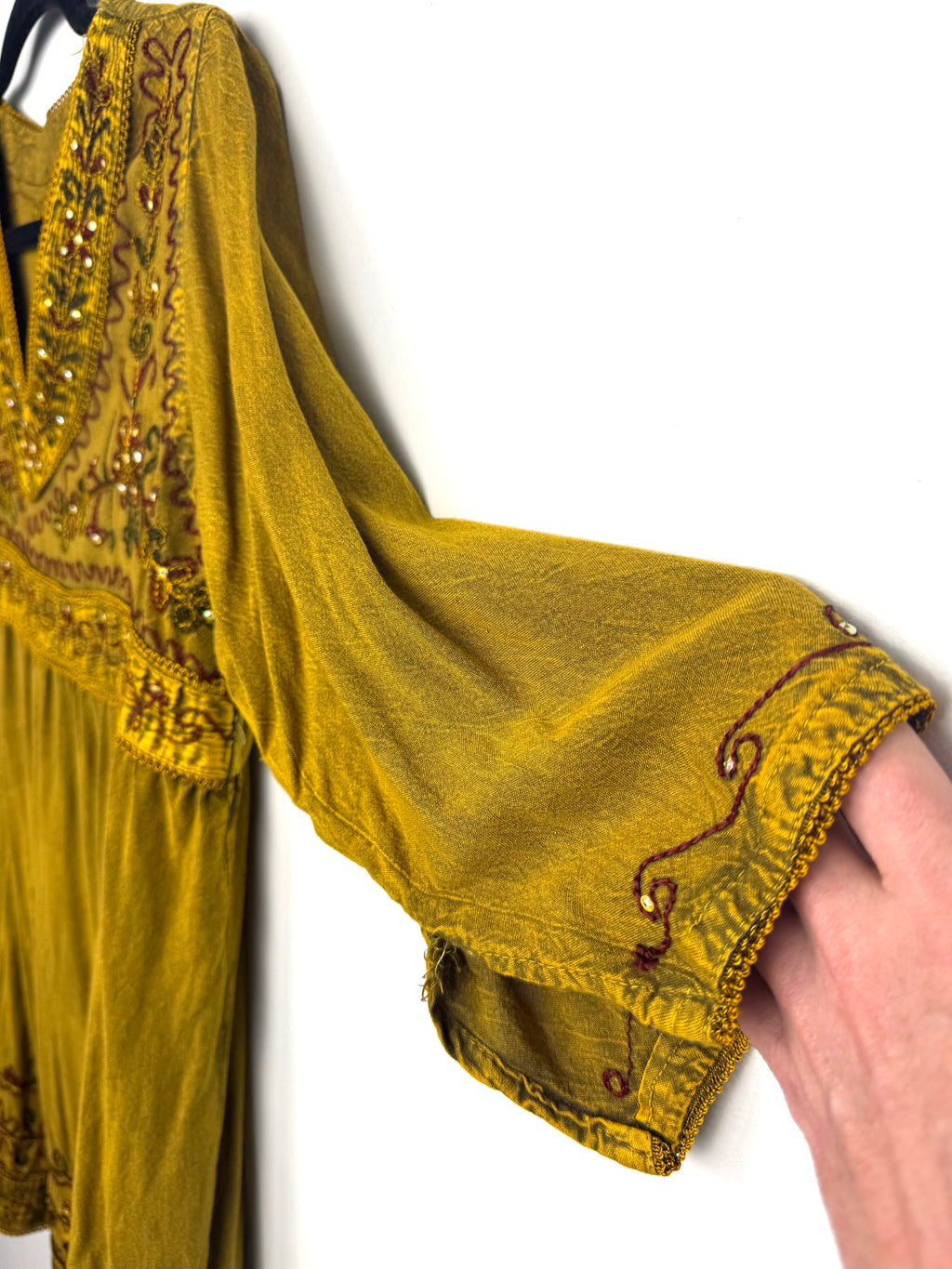 sleeve detail on 100% Cotton Artisan Embroidered Sequin Tunic — Washed Mustard Gold | Boho Festival Top | Est. Small at Blue Sparrow Shop