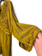 sleeve detail on 100% Cotton Artisan Embroidered Sequin Tunic — Washed Mustard Gold | Boho Festival Top | Est. Small at Blue Sparrow Shop