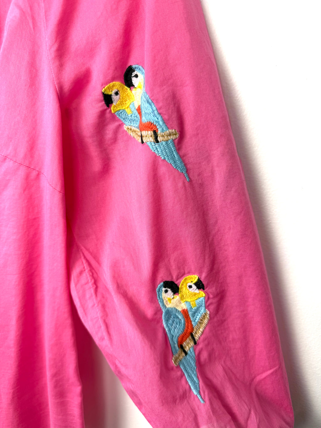 sleeve detail showing parrots on 100% Cotton Talbots Embroidered Parrot Top| Size M at Blue Sparrow Shop