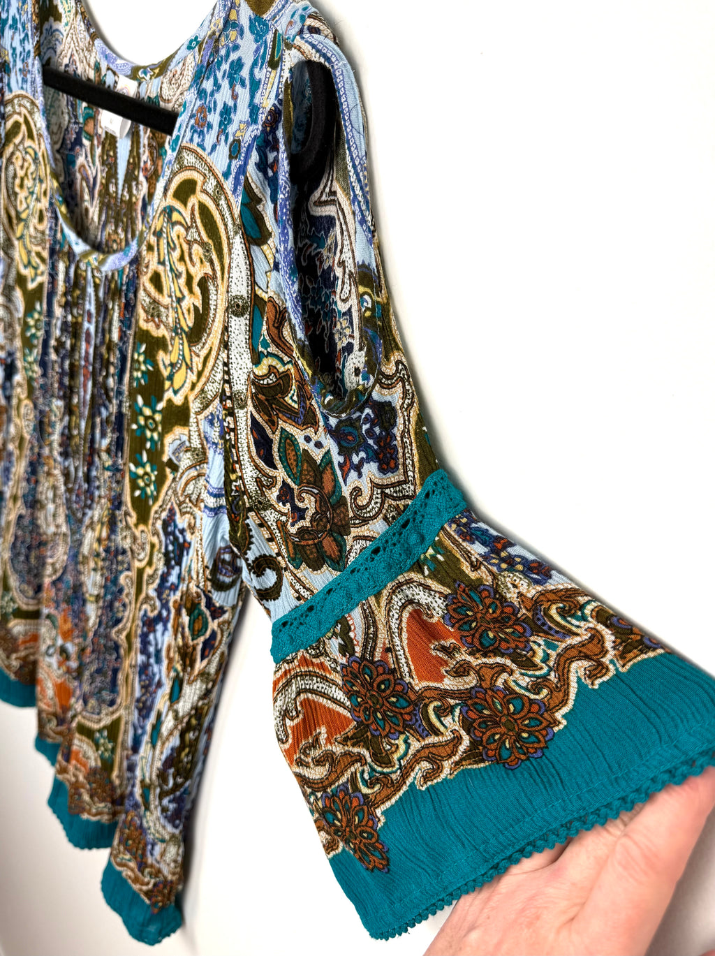 sleeve detail on Bila bohemian paisley blouse