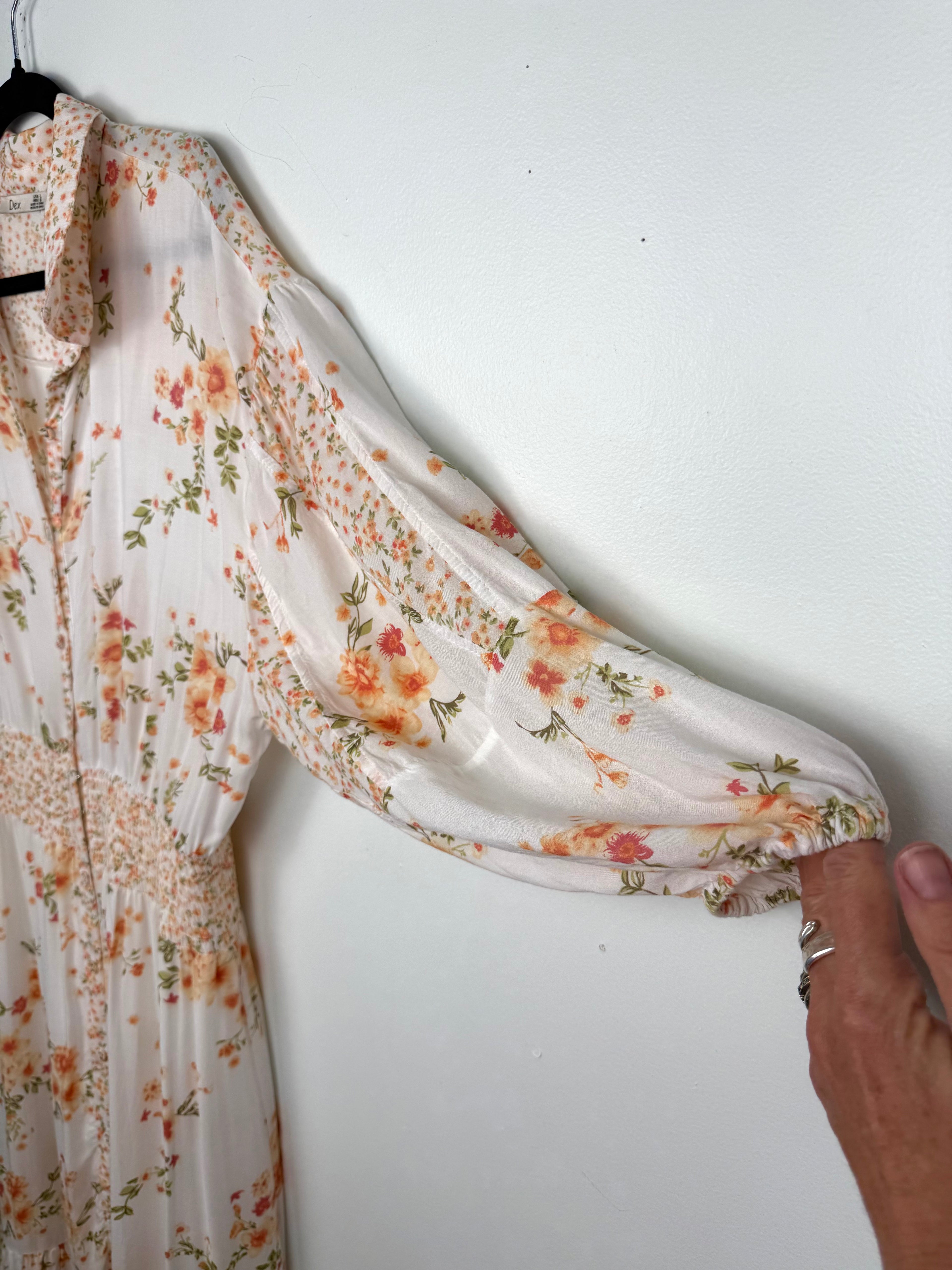 sleeve detail on Dex Smocked Waist Romantic Midi Dress | Size L at Blue Sparrow Shop