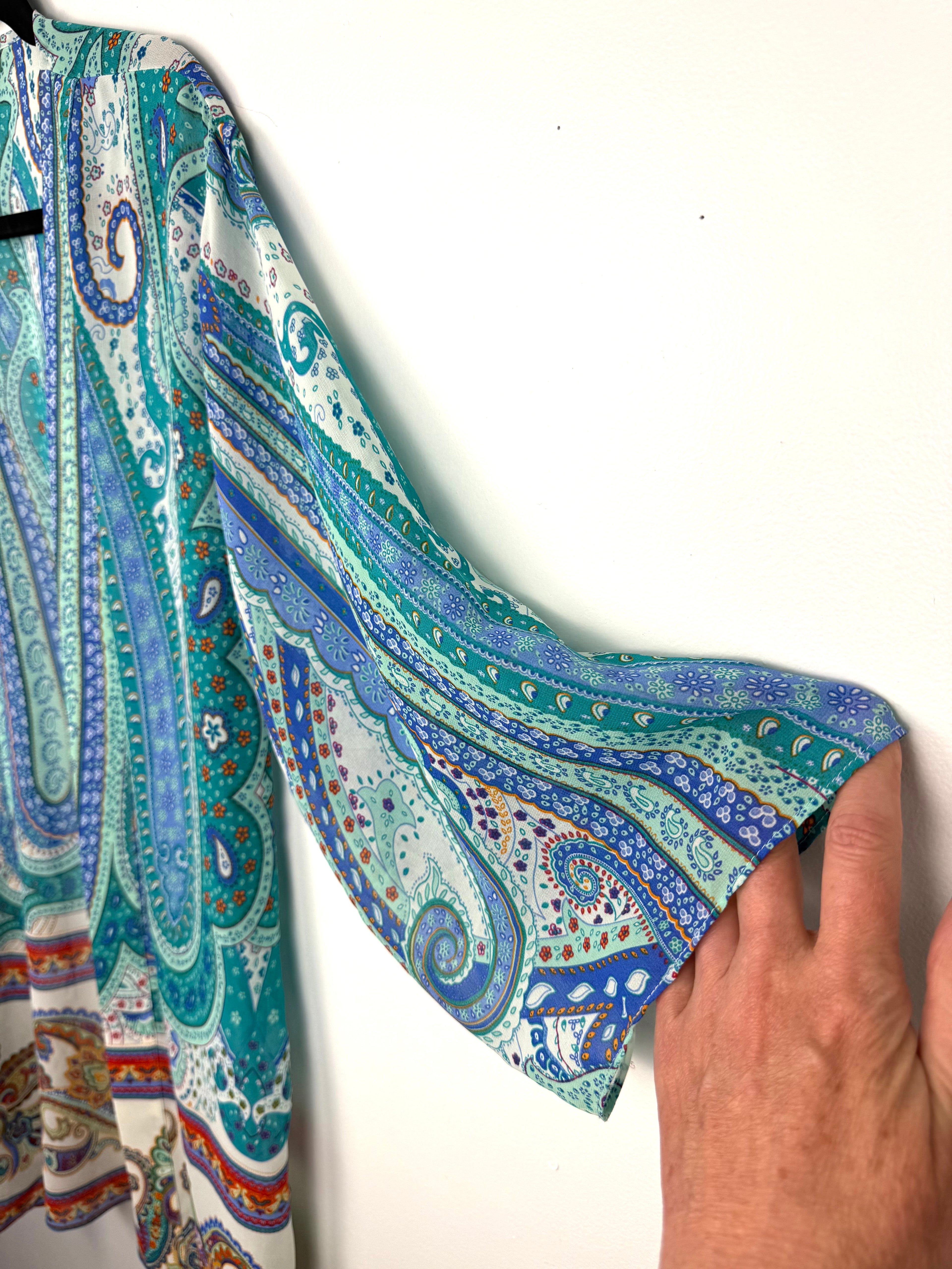 sleeve detail on Laura Paisley Kimono Cardigan | Blue Turquoise Boho Cover Up | Medium at Blue Sparrow Shop