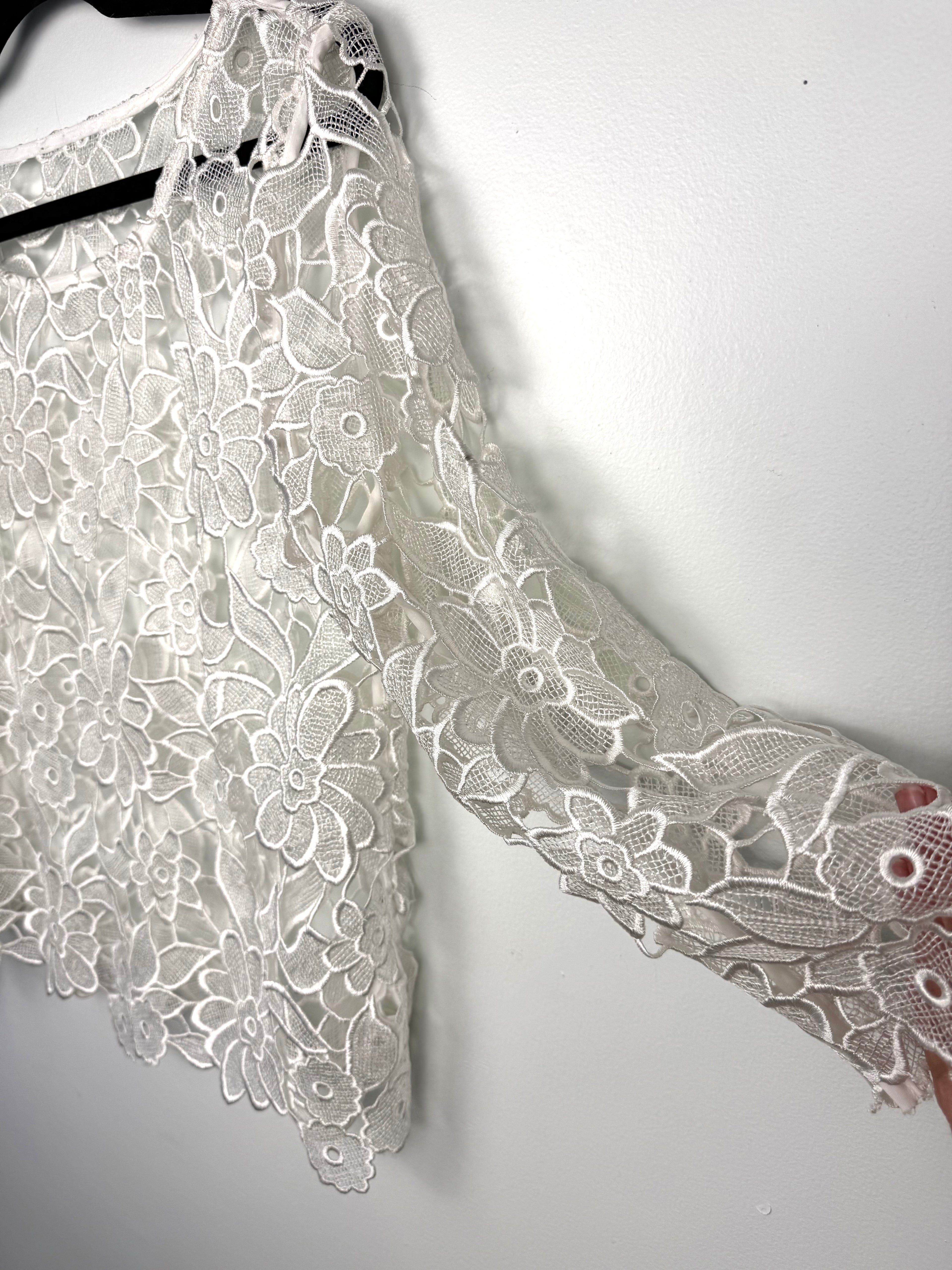 sleeve detail on Romantic Lace Overlay Cottagecore Top | Size L at Blue Sparrow Shop