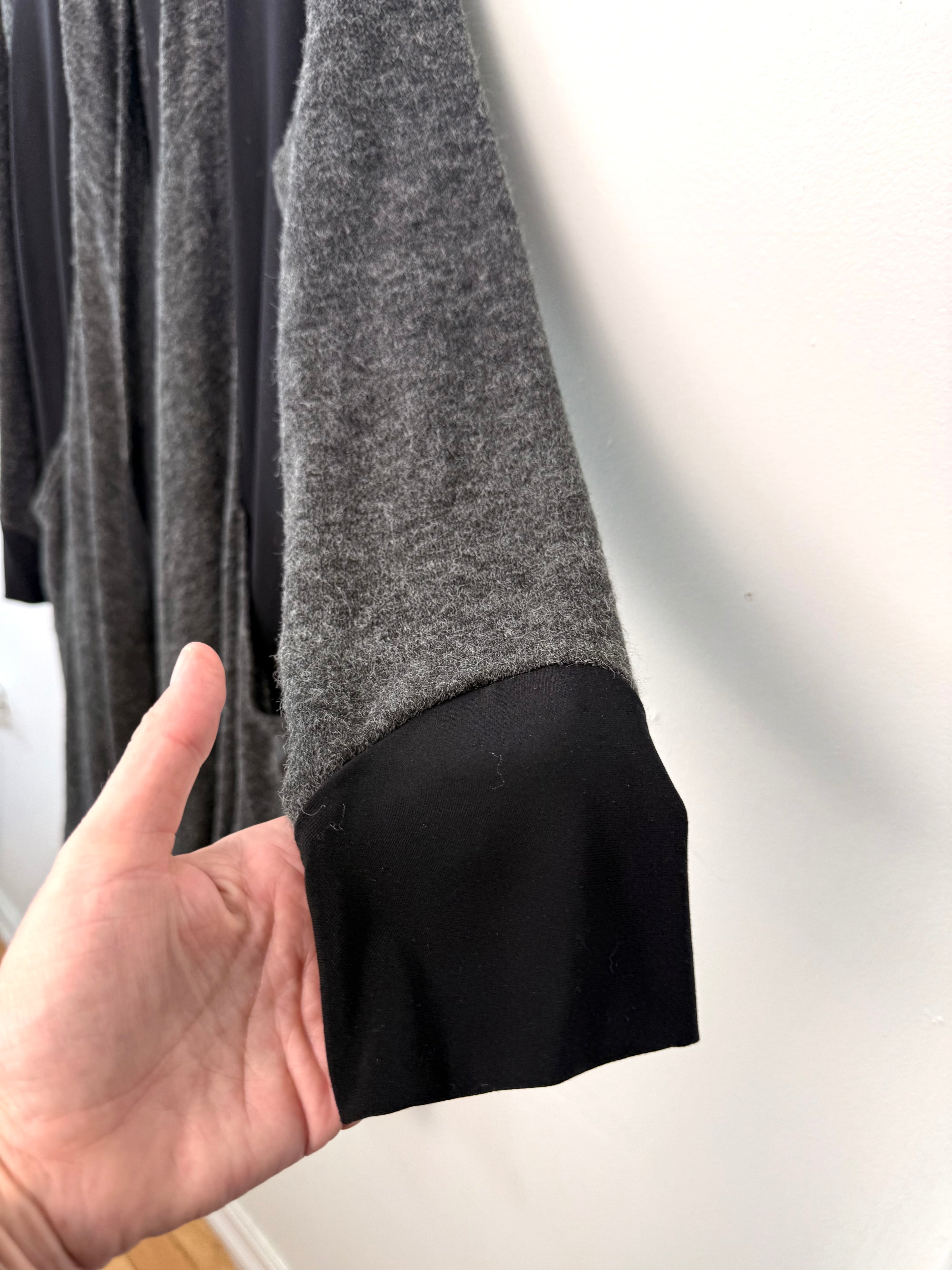 sleeve detail on Sympli Made in Canada Black & Grey Mixed Media Long Cardigan | Size 10
