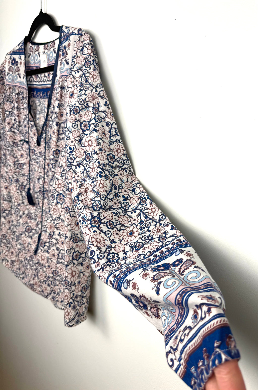 Sleeve detail on Twik by Simons 100% Cotton Floral Paisley Boho Blouse — Navy & Blush Border Print | Size L at Blue Sparrow Shop  