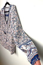 Sleeve detail on Twik by Simons 100% Cotton Floral Paisley Boho Blouse — Navy & Blush Border Print | Size L at Blue Sparrow Shop  