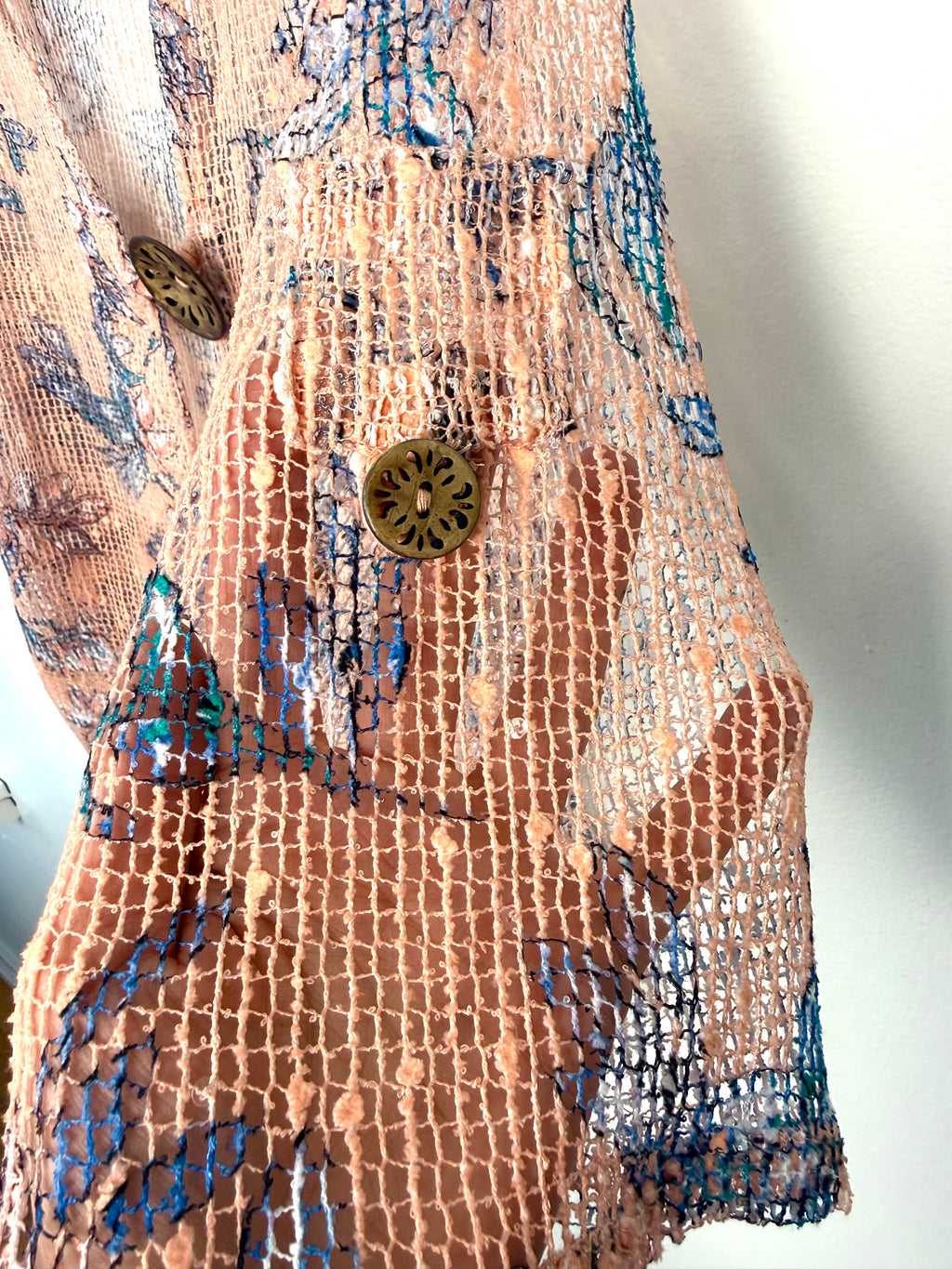 sleeve detail with button to shorten sleeve on Nina Leonard Mesh Lightweight Cardigan| Size L at Blue Sparrow Shop 