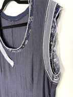 sleeve of Mixed Fabric Patchwork Navy Artisan Dress | Size L at Blue Sparrow Shop